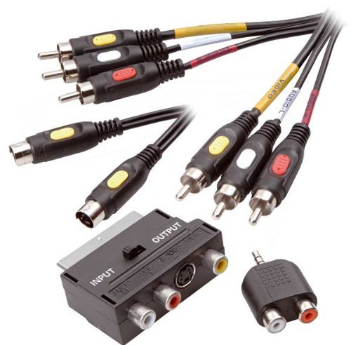 Vivanco Multimedia Anschlusset, 3x Cinch Stecker 5.0 m, S-Video Stecker 5.0 m, 2x Cinch Kupplung <-> 3.5 mm Klinken-Stecker, stereo Adapter, Scart Stecker - 3x Cinch-Kupplung mit S-Video Kupplung Adapter