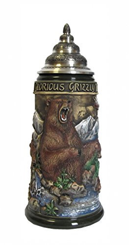 KING Bierkrug Glorious Grizzly, rustikal, bunt, mit Zinnspitzdeckel Seidel 0,75 Liter Bierseidel KI 956/RU 0,75L