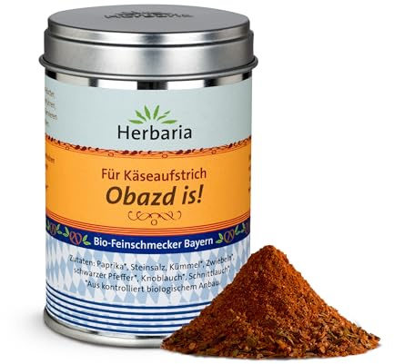 HERBARIA OBAZD IS! BIO Käsegewürz, 90g | Würziges Bio Gewürz für Obazda, Raclette, Ofenkäse, für bayerische Brotzeit, für Käsefondue & Grillkäse, in der Weißblechdose