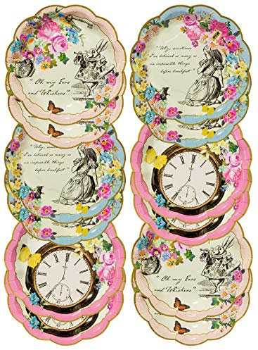 Talking Tables - Paquete de 12 platos descartables con motivo Alicia en el País de las Maravillas, 17 cm. Artículos para fiesta del té del Sombrerero Loco. Decoraciones para fiestas de cumpleaños, baby showers y festejos.