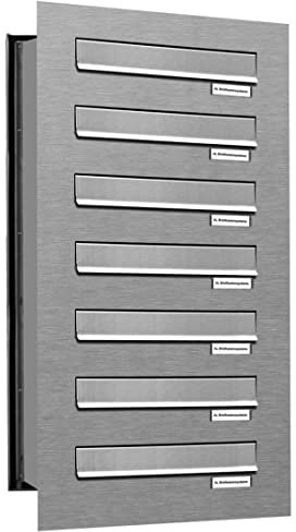 AL Briefkastensysteme 7er Briefkasten Mauerdurchwurf in V2A Edelstahl, 7 Fach DIN A4, wetterfeste Premium Briefkastenanlage Postkasten