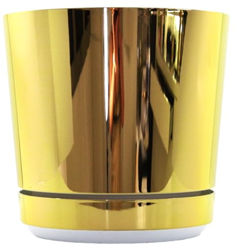 KERD Sehr Großer Eleganter Blumentopf 32 cm Gold-Weiß, Runder Pflanzkübel für Innen mit Untersetzer, Deko Übertopf aus 100% Recycling-Kunststoff