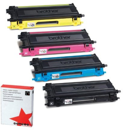 4x Original Tonerkartusche für Brother HL 4040 CN, 4050 C, TN130 - 1x BLACK, 1x CYAN, 1x MAGENTA, 1x YELLOW + 500 Blatt Ti-Sa Kopierpapier 80g weiß -