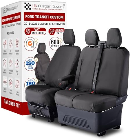 Seat Covers to fit the Ford Transit Custom 2013-2023 Waterproof, Heavy Duty, Seat Mounted Airbag Compatible, Durable, Easy to Fit - Tailored Driver & Double Passenger Seat Covers With Tray