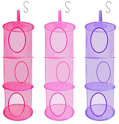 LIVEHITOP 3 Stück Set Mesh Hängender Speicher Korb Kindertag Geschenk, 3 Tier zusammenklappbare Network Storage Raum speichern Beutel Organisator für Spielzeug, kleine Kleidung (Rosa Rose Lila) | 3 Tier zusammenklappbare Network Storage Raum speichern Beutel Organisator für Spielzeug, kleine Kleidung (Rosa Rose Lila)