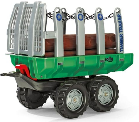 Rolly Toys 122158 Anhänger Timber Trailer, Stabiler Zweiachsanhänger mit Kippfunktion und Automatikverriegelung (geeignet für Kinder ab 3 Jahren, Farbe: Grün) inkl. 5 Kunststoff Holzstämme