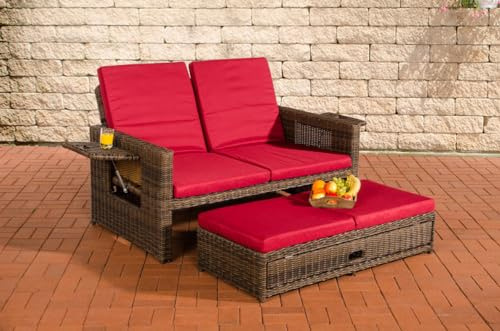 CLP Polyrattan 2er-Loungesofa Ancona 5mm I Rundrattan Garten-Sofa Mit Ausziehbarem Fußteil Und Verstellbarer Rückenlehne I, Farbe:braun-meliert, Polsterfarbe:Rubinrot
