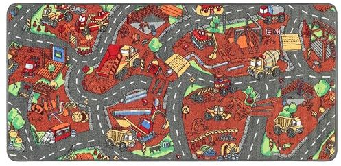 Primaflor Spielteppich mit Straßen - Baustelle, 95x200 cm, Robuster Kinder-Teppich, Hochwertiger Straßenteppich für das Kinderzimmer, Spielmatte Jungen/Mädchen