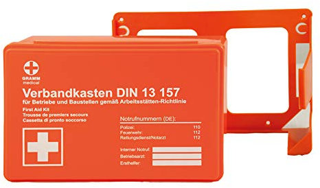 ACTIOMEDIC Mini-Verbandkasten für Unternehmen, inkl. Wandhalterung für stationären Gebrauch, DIN 13157:2021 I Mit visuelle Darstellung zur Ersten Hilfe für Unternehmen, orange, 26 x 8,5 x 18 cm