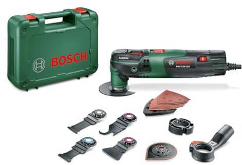 Bosch PMF 250 CES Set - Multiherramienta, 4 hojas de sierra, placa lijadora, cuchilla multiuso, juego de hojas lijadoras delta, sistema de aspiración, maletín (250 W)