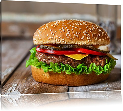 Pixxprint Burger Hamburger Cheesburger Käse Fast Food, Größe: 100x70cm, Leinwandbild, fertig gespannt, Wandbild, Dekoration, Kunstdruck, kein Poster