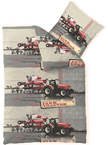 CelinaTex Biber Kids Bettwäsche 135 x 200 cm 2teilig Baumwolle Biber Traktor Jungen Land grau rot beige