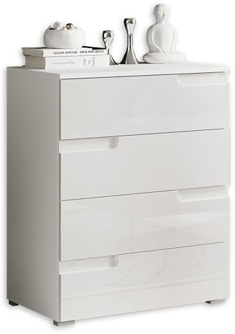 SPICE Kommode in Hochglanz Weiß - Modernes Sideboard mit viel Stauraum für Ihren Wohnbereich - 65 x 80 x 40 cm (B/H/T) | Modernes Design mit Griffmuscheln, Stauraum durch Türen und Schubladen, ideal für Wohnzimmer, Flur oder Schlafzimmer