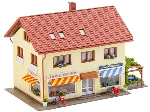 FALLER Metzgerei/Bäckerei Modellbausatz mit 179 Einzelteilen 114 x 73 x 76 mm I Modelleisenbahn Zubehör N I Modelleisenbahn Metzgerei mit Schaufenster