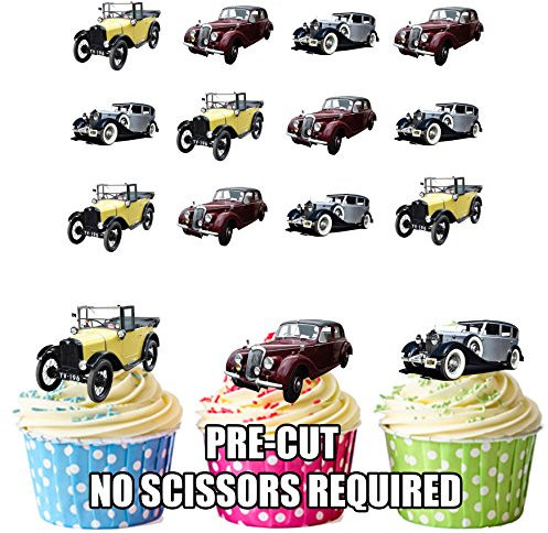 AK Giftshop Vintage Classic Car Mix Cake Decorations - 12 Edible Wafer Cup Cake Toppers