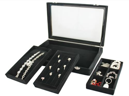 4-teiliges Schmucktablett Set Schmuckkasten Schmuckbox mit Glasdeckel