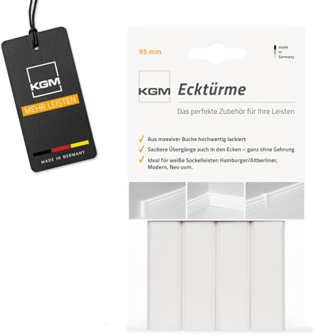 KGM 4x Eckturm Vorteilspack - Weiß lackierte Innen-, Außenecke oder Verbinder zwischen den Sockelleisten - Auch als Endkappe, Abschluss & Endstück geeignet - Maße: 21 x 21 x 95 mm - 4 Stück
