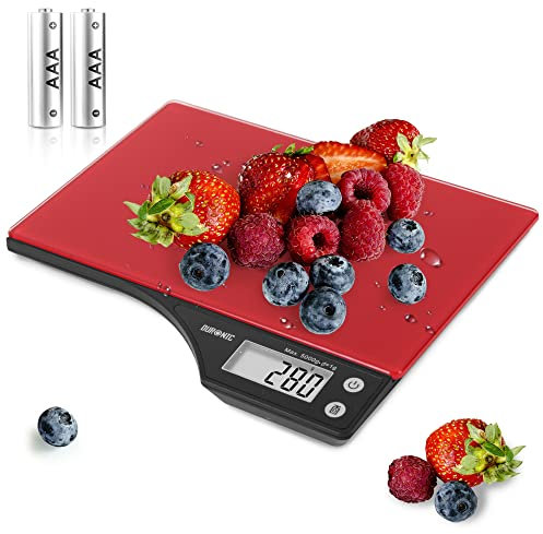 Duronic KS350 Küchenwaage, 5 kg Digitalwaage, 1 g grammgenau Präzision-Feinwaage rot, Haushaltswaage mit Tara-Funktion, Waage mit Hold-Funktion