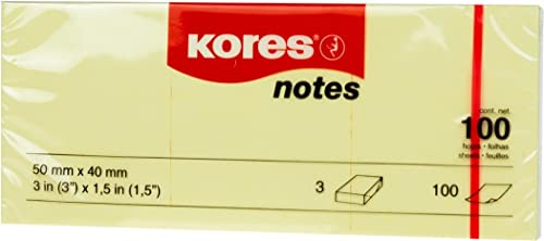 Kores - Gelbe Haftnotizen, Selbstklebender Notizblock, 50 x 40 mm, Packung mit 3 Blöcken à 100 Blatt