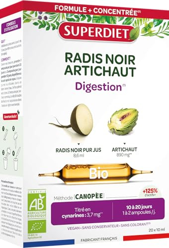 Digestion, détox foie - Radis noir, Artichaut - Bio - Ampoules | Cure de 20 ampoules - Digestion difficile, drainage hépatique - Fabrication française – Vegan – Superdiet