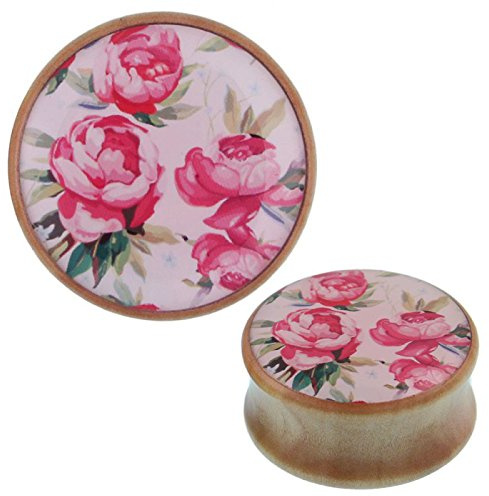 CHICNET Holz Plug hell Pfingstrosen rosa grün weiß Acryl Inlay Tribal Tunnel Expander 18 mm