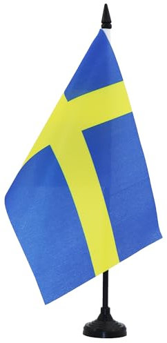 AZ FLAG Sweden Table Flag 5'' x 8'' - Swedish Office Decoration 100% Polyester 21 x 14 cm - Mini Desk Flag with Pole and Black Plastic Base