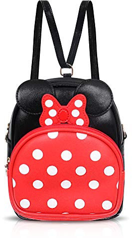 Minnie Polka Dot Rucksack, klein, 2-in-1, Crossbody-Tasche, Mini-Rucksack, multifunktional, Make-up, Reisen, Mini-Handtasche mit langem Schultergurt, verstellbarer Riemen, PU-Leder für Damen und
