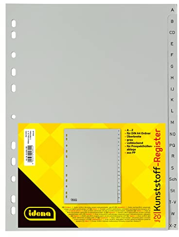 Idena 302028 - Register A - Z, für DIN A4, mit Überbreite, aus Kunststoff, 20-teilig, volldeckend, grau, 1 Stück
