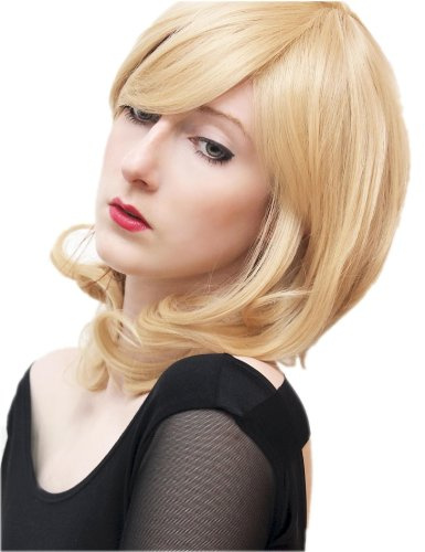 Prettyland C807 45cm Hell Blonde Perücke Mittellang Leichte Locken Pony Wie Echthaar Retro Stil