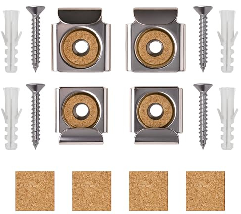 Spiegelhalterung Set (4 Stück) - Spiegelklammern für das Aufhängen von Spiegeln und Alu-Dibond Platten bis 6 mm - 12 kg Tragkraft - Spiegelbefestigung inkl. Schrauben & Dübeln zur sicheren Wandmontage