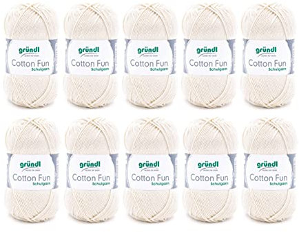 Gründl Wolle Cotton Fun - Wolle zum Häkeln - Strickgarn - Häkelgarn - Pflegeleicht und hautfreundlich - 100 % Baumwolle - 10 Knäuel 50 g / 115 m - Nadelstärke 3 - 4 - Creme