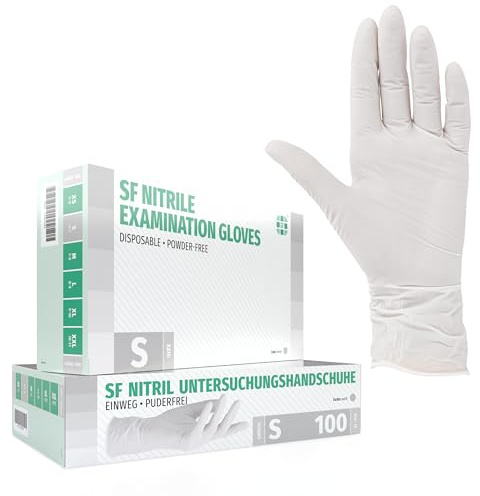 SF Guantes de nitrilo S blancos – 100 unidades, guantes desechables sin polvo, sin látex, médicos y de examen, aptos para cocina, limpieza, cosmética y uso doméstico