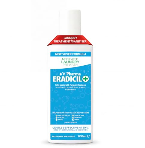 Eradicil Antifungal Laundry Sanitiser/Treatment 200ml, Effective from 30C | Add to your wash. Helps Reduce Re-infection & Cross Contamination - athlete's foot, fungal nail & ringworm. Colour-safe.