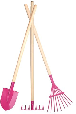 Kindergartengeräte 1 von 8, Kinder Garten Werkzeuge Geräte Schaufel, Besen, Rechen, Laubbesen, Harke, Grubber, Doppelhacke, Spaten, Metall mit Holzstiel (Set 3 TLG. Besen Rechen Doppelhacke)