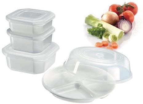 Westmark Mikrowellen-Geschirr, Set 5-tlg.: 3 Dosen inkl. Deckeln, 1 Menüteller, 1 Abdeckhaube, Kunststoff, Farbe: Weiß/Transparent, 22032260