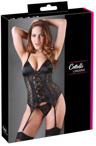 Cottelli Collection Lingerie - verführerisches Strapshemd mit Spitzen-String für Frauen, Reizwäsche zur Verführung des Partners, edles Wäsche-Set, schwarz