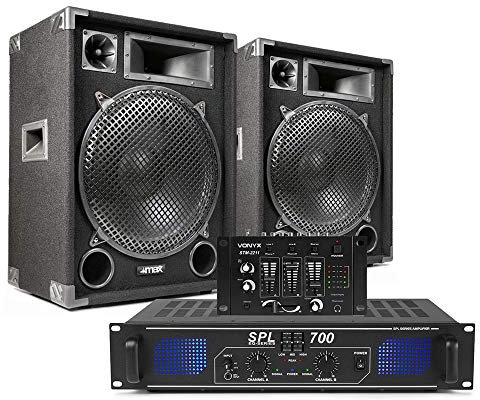 Complete DJ PA Sound System Kit - 2x Max 15 Passive Speakers, Power Amplifier, DJ Mixer with Crossfader, 3-Way Speaker Setup, 2000W Power Ideal for Parties & Medium-Sized Venues (SSB7071)