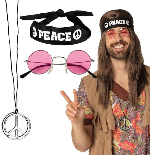 Boland - Hippie Set Peace Deluxe 70er Jahre | Stirnband, Rundbrille und Halskette, Festival, Karneval und Mottoparty, Flower Power Kostüm