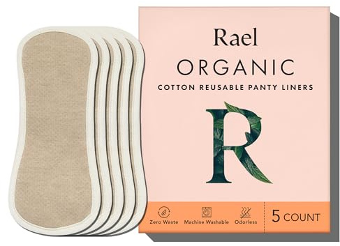 Rael Reusable Panty Liners Menstrual, Organic Cotton Cover, Period Essential, Cloth Pantyliner for Women, Washable, Soft and Thin, Leak-Free, Washing Machine Safe (5 Count, Brown)
