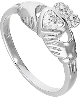 Bague de Claddagh en Argent 925/1000 et Oxyde de Zirconium de Naissance Blanc Avril - Taille 52
