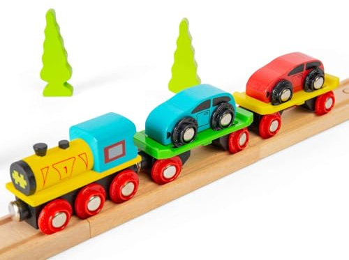 Bigjigs Rail Car Loader Train | Toy Transporter for Cars | Accessories for Kids' Wooden Railway| Engine & Carriage Set with Magnetic Couplings, Wood Track & Ramp | Gifts for 3+ Year Old Children