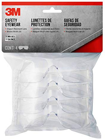 3M Gafas de seguridad para interiores, lentes transparentes, paquete para contratistas, paquete de 4
