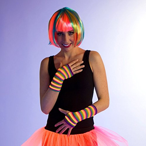 NET TOYS Bunte Fingerlose Netzhandschuhe Neon Outfit Handschuhe fluoreszierend Neonhandschuhe Disco Handschuhe Neon Party Outfit Accessoires Disko