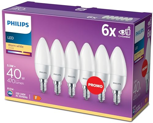 Philips LED Lampadina Oliva, E14, 5.5 W, Luce Bianca Calda, 6 pezzi