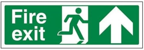 VSafety Schild mit Aufschrift auf Englisch „Fire Exit“ und einem Pfeil nach oben – Querformat – 300 mm x 100 mm – 1 mm dick, harter Kunststoff