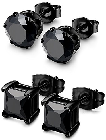 BESTEEL 2 Pairs Hypoallergenic Cubic Zirconia Black Stud Earrings for Men Women 316L Stainless Steel Square Round CZ Mens Earrings Studs Jewelry Set for Sensitive Ears 3-8MM Black 8mm