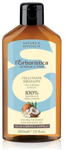 L'Erboristica Athena's - Olio Corpo Idratante - Olio Capelli Elasticizzante - Olio di Cocco e Monoi per Corpo e Capelli - 200ml