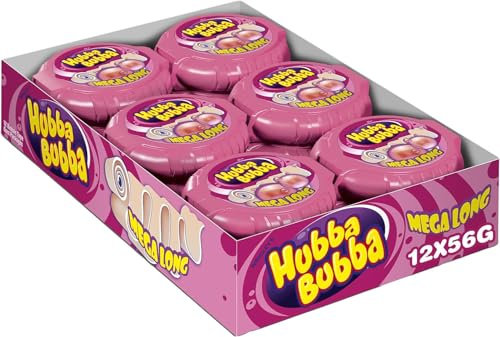 HUBBA HUBBA - Chewing Gum Rouleau - Bubble Gum - Goût Fancy Fruit - 12 Rouleaux Mega Long de 180 cm - Chewing Gum Pour Faire des Bulles