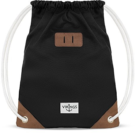 VIKINGS Gym Bag Sack Turnbeutel Baumwolle Canvas Tasche Sport für Frauen Männer Kinder, Farbe: Schwarz