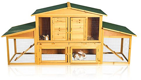 Melko XXL Hasenstall für Draußen, Winterfest, mit Freilauf, 215 x 73 x 100 cm groß, aus Holz mit Schubladen zur einfachen Reinigung